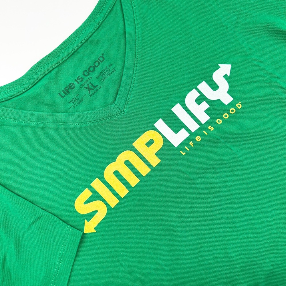LIFE IS GOOD Women's Crusher Tee V-Neck Sz XL Green "Simplify" Subway Logo Shirt